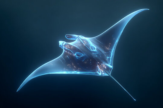 Capture the ethereal beauty of a glowing manta ray gracefully swimming in the deep ocean, evoking wonder and the mysteries of marine life with its elegant form