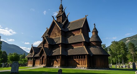 Fototapeta premium Historic Wooden Stave Church in Norway with Mountains and Blue Sky.