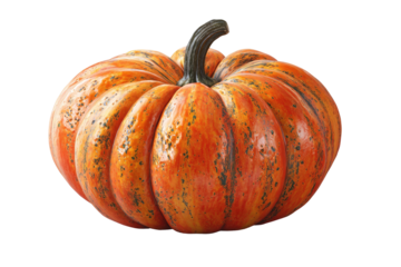 Vibrant orange pumpkin with dark green stem and speckled texture
