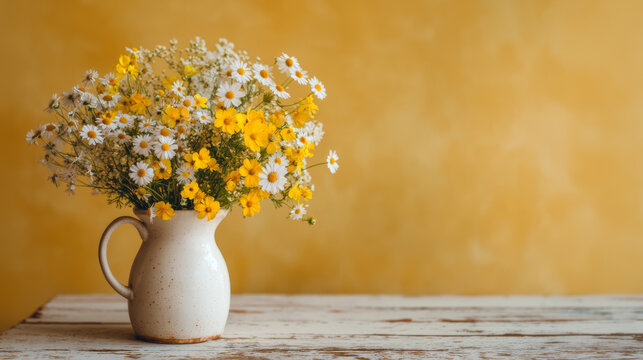 Rustic White Ceramic Pitcher Holds Vibrant Yellow and White Wildflowers on Distressed Wooden Table