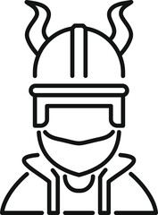 Line drawing of a viking warrior wearing horned helmet, face protection and traditional clothing