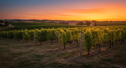 Fototapeta premium Vineyard at Sunset with Golden Light and Rolling Hills.