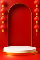 Podium and backdrop with oriental red elements, Chinese New Year design