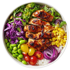 Fresh bowl of rice topped with grilled chicken and colorful vegetables