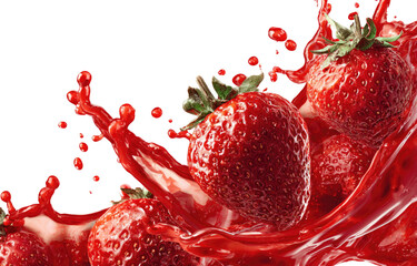 Juicy strawberries splashing into vibrant red liquid