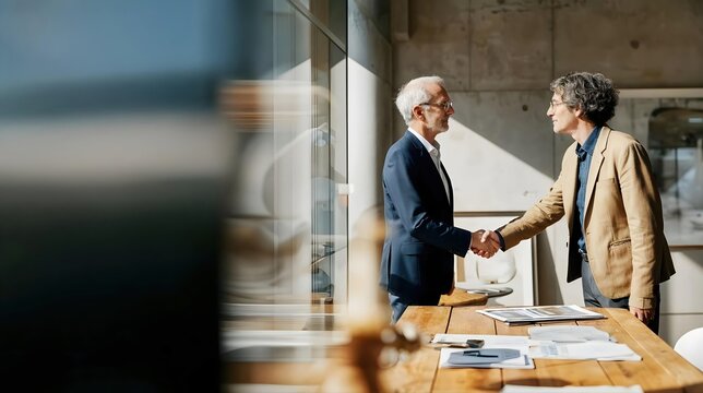 Deux hommes d'affaires se serrent la main dans un bureau moderne