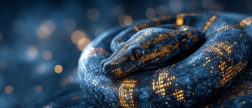 Cybernetic Snake with Glowing Digital Code, Technology Concept Dark Style