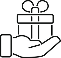 Line drawing of a hand holding a gift box with a ribbon, perfect for representing giving or receiving a present