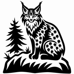 Obraz premium Striking lynx illustration, a powerful wild feline sitting gracefully in a forest landscape setting