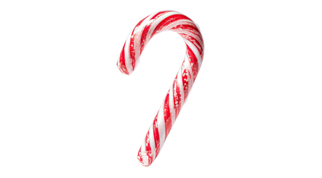 A festive red and white striped candy cane with a curved hook