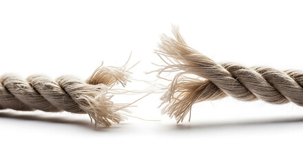 Frayed rope fibers stretched to the limit, depicting critical breaking point or business crisis and vulnerability