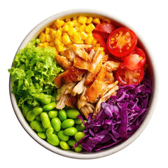 Vibrant bowl of colorful, fresh ingredients with shredded chicken topping
