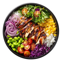 Sliced grilled chicken bowl with rice, corn, and fresh vegetables