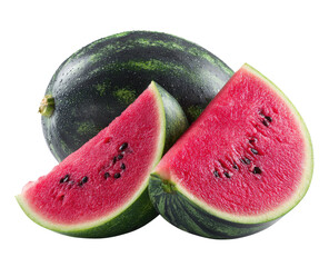 Juicy watermelon halves with fresh red flesh and black seeds