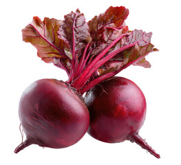 Two deep red root vegetables with vibrant leafy green tops
