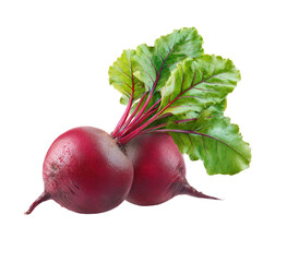 Two vibrant red root vegetables with leafy green tops on a black background