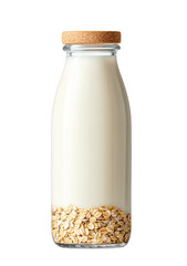 A clear glass bottle filled with creamy liquid and oat flakes