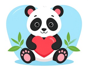 Obraz premium Cute, cartoon panda with a heart on a blue, heart-shaped background