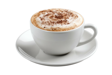 A creamy, frothy coffee drink dusted with cocoa powder on a saucer