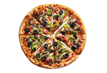 Deliciously sliced pizza with mushrooms, olives, peppers, and sauce