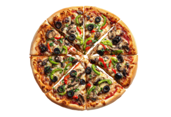 Deliciously sliced pizza with mushrooms, olives, peppers, and sauce