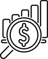 Growing financial chart with dollar sign under magnifying glass, representing financial analysis and investment growth