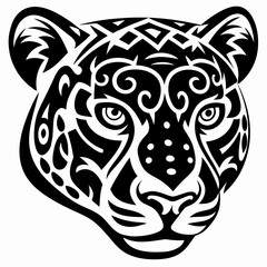 Fototapeta premium Striking Tribal Jaguar Head Illustration - Dynamic Black and White Wildlife Emblem with Intricate Patterns