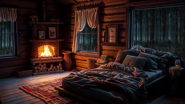 Cozy forest hut in the rain