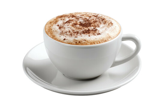 A creamy, frothy coffee drink dusted with cocoa powder on a saucer