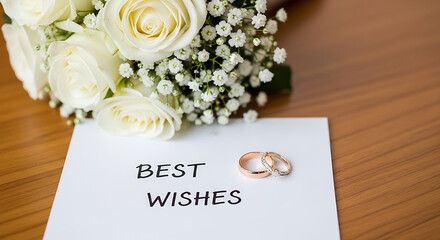 Close-up of two wedding rings on a card that says BEST WISHES next to a bouquet of white roses