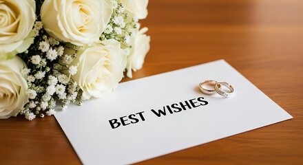 Best Wishes Card with Wedding Rings and Floral Bouquet on a Wooden Table - Congratulations