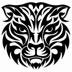 Striking Tribal Feline Head Logo with Aggressive Expression - Detailed Black and White Illustration