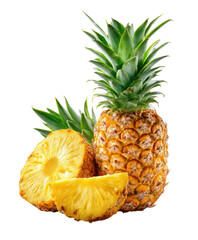 Tropical fruit with green spiky leaves, one whole, one sliced