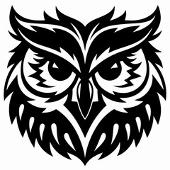 Majestic Owl Head Mascot Design in Bold Tribal Tattoo Art Style - Intricate Black and White Graphic Illustration
