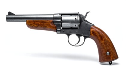 Detailed side view of antique firearm with wooden grip