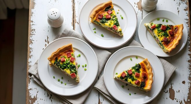 Four delicious slices of quiche featuring spinach, ham, and green onions, served on white plates with a rustic wooden background. Perfect for brunch or a light meal.