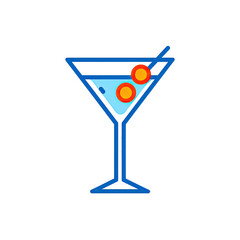 A stylized martini glass with two cherries and a garnish