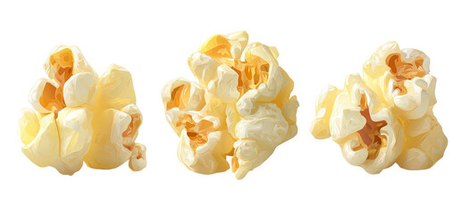 Three fluffy kernels of golden popcorn displayed on a black background