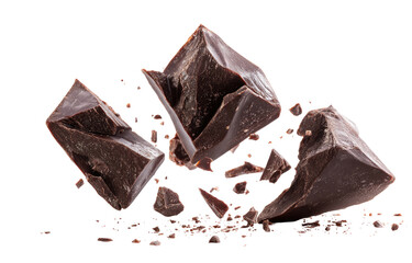 Dark chocolate chunks and crumbs scattered in mid-air