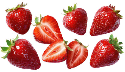 Fresh, ripe strawberries, whole and halved, isolated on white