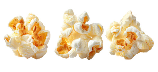 Three fluffy popped corn kernels on a black background