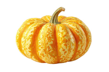 A decorative gourd with orange and yellow stripes on a black background