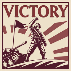 Obraz premium Soldier celebrating victory with tank illustration in retro style