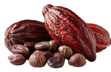 Ripe cacao pods and roasted beans, rich earthy tones
