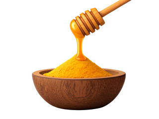 Golden honey dripping from a wooden dipper into a rustic wooden bowl filled with turmeric powder