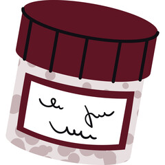 A jar with a maroon lid filled with small white and pink capsules sits against a transparent background with a handwritten label in script
