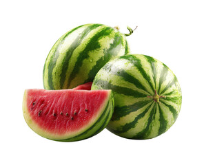 Three juicy watermelons with a slice cut to show the bright red fruit