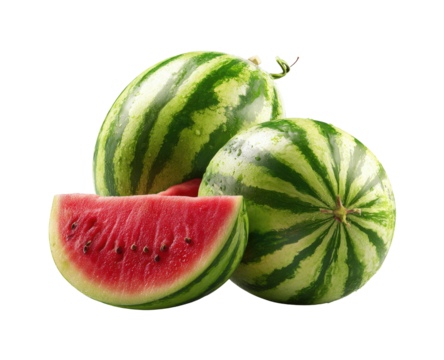 Three juicy watermelons with a slice cut to show the bright red fruit