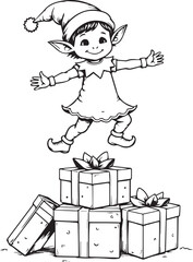 Cheerful Elf Jumping on Christmas Presents – Festive Celebration Illustration