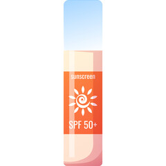 A bottle of sunscreen with spf 50 plus and sun icon illustration on a white background